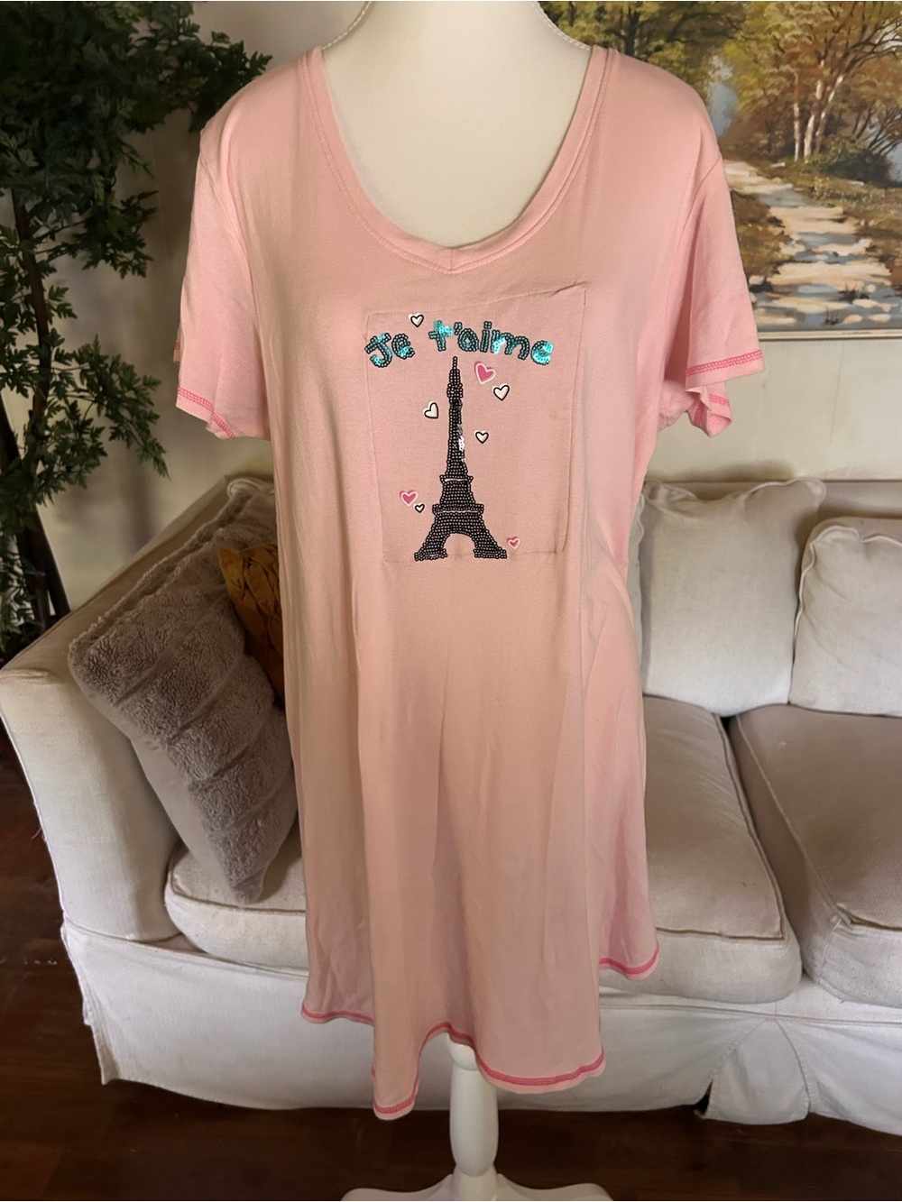 Soft Pink 'Je t'aime' Eiffel Tower Sleep Dress XL Loungewear